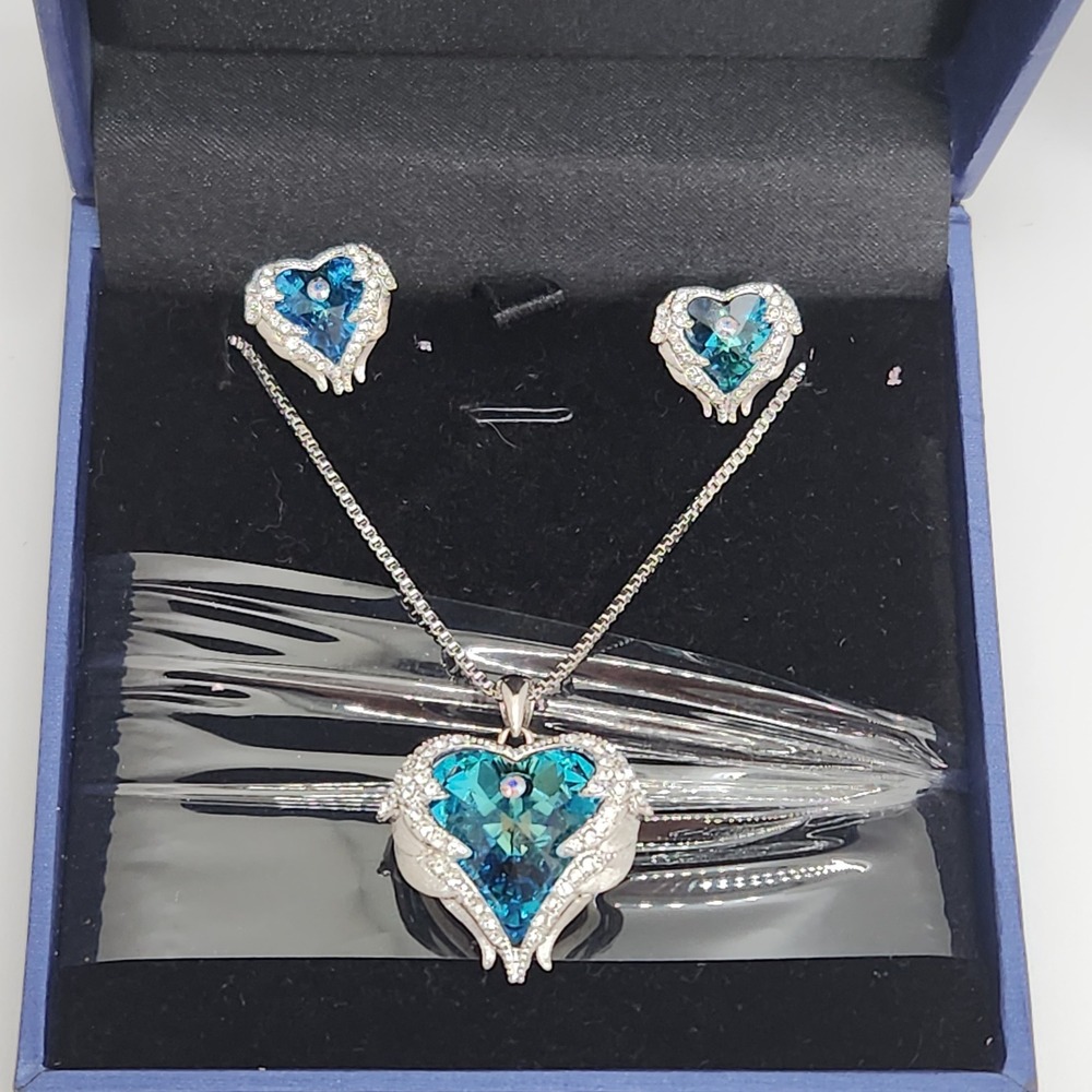 Celestian Blue Heart Angel Wing Crystal Necklace and Earrings Set Guardian Angel